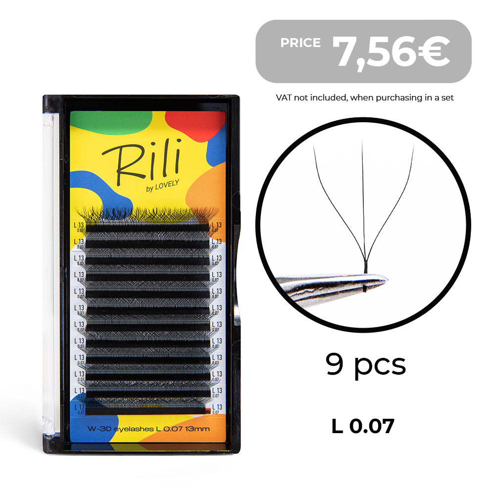 Set de nueve bandejas de pestañas Rili W-3D Lash, 12 líneas L 0.07, 07-15 mm