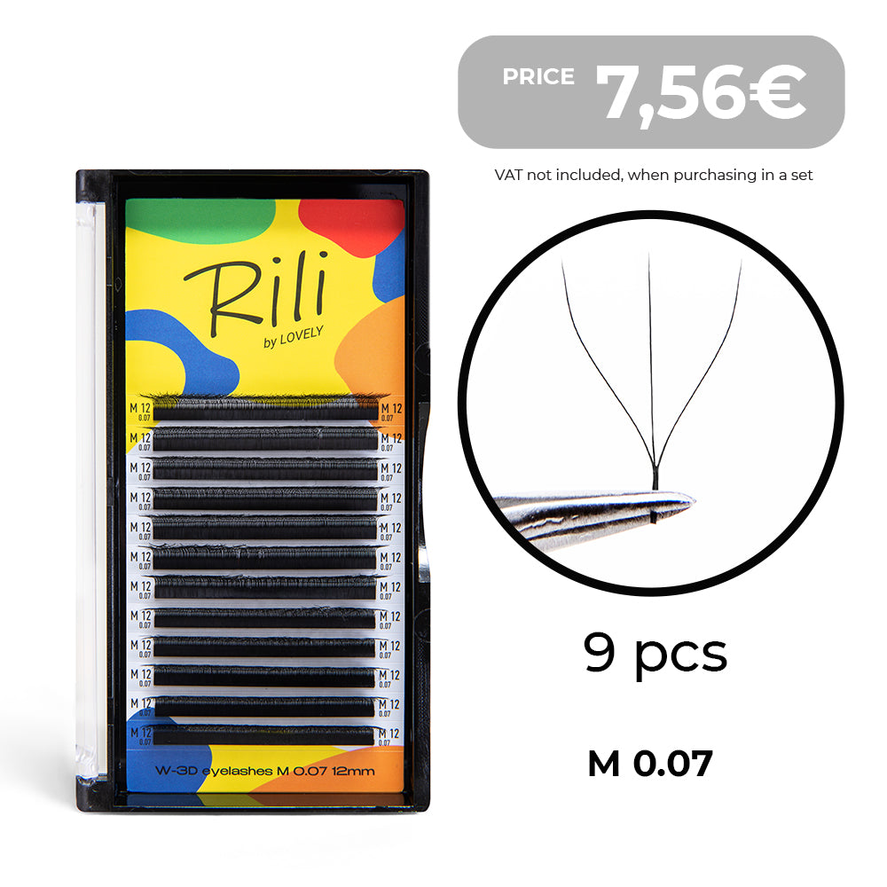 Set de nueve bandejas para pestañas Rili W-3D Lash, 12 líneas, M 0.07, 07-15 mm